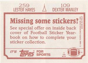 1986 Topps Stickers #109 / 259 Dexter Manley / Lester Hayes Back