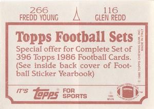 1986 Topps Stickers #116 / 266 Glen Redd / Fredd Young Back