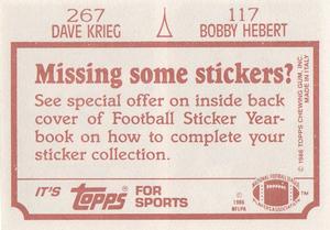 1986 Topps Stickers #117 / 267 Bobby Hebert / Dave Krieg Back