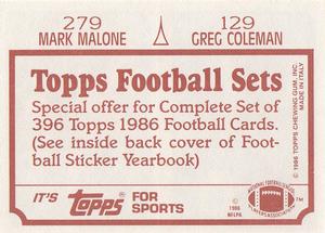 1986 Topps Stickers #129 / 279 Greg Coleman / Mark Malone Back