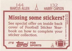 1986 Topps Stickers #132 / 144 Harry Carson / Marcus Allen Back