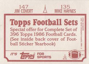 1986 Topps Stickers #135 / 147 Mike Haynes / Jim Covert Back