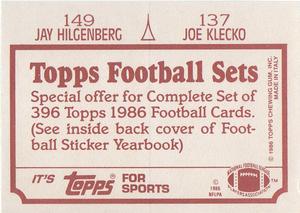 1986 Topps Stickers #137 / 149 Joe Klecko / Jay Hilgenberg Back