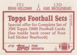 1986 Topps Stickers #139 / 151 Karl Mecklenburg / Brian Holloway Back
