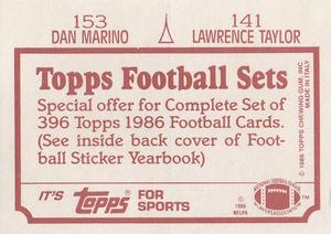 1986 Topps Stickers #141 / 153 Lawrence Taylor / Dan Marino Back
