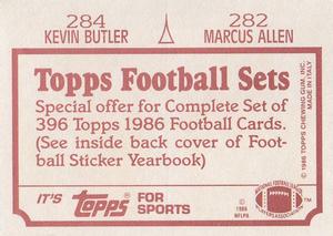 1986 Topps Stickers #282 / 284 Marcus Allen / Kevin Butler Back