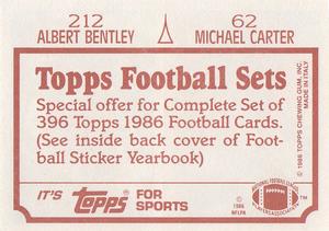1986 Topps Stickers #62 / 212 Michael Carter / Albert Bentley Back