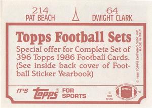 1986 Topps Stickers #64 / 214 Dwight Clark / Pat Beach Back