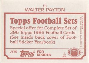 1986 Topps Stickers #6 Walter Payton Back