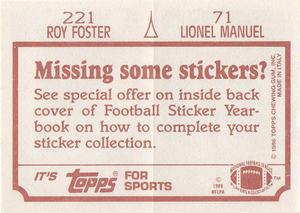 1986 Topps Stickers #71 / 221 Lionel Manuel / Roy Foster Back