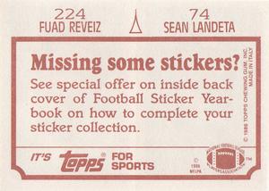 1986 Topps Stickers #74 / 224 Sean Landeta / Fuad Reveiz Back