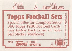1986 Topps Stickers #83 / 233 Jimmy Williams / Al Toon Back