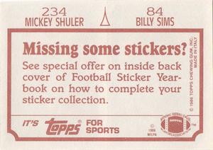 1986 Topps Stickers #84 / 234 Billy Sims / Mickey Shuler Back