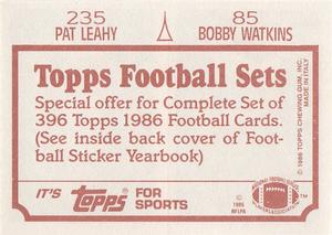 1986 Topps Stickers #85 / 235 Bobby Watkins / Pat Leahy Back