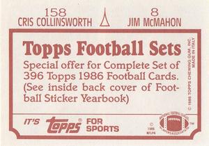 1986 Topps Stickers #8 / 158 Jim McMahon / Cris Collinsworth Back