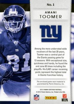 2013 Panini Certified - Fabric of the Game Team Die Cut #1 Amani Toomer Back