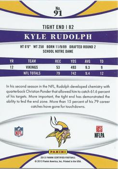 2013 Panini Certified - Mirror Blue #91 Kyle Rudolph Back