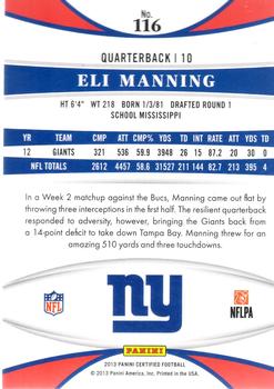 2013 Panini Certified - Mirror Blue #116 Eli Manning Back