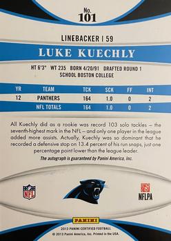 2013 Panini Certified - Mirror Blue Signatures #101 Luke Kuechly Back