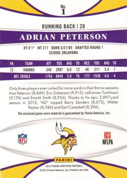 2013 Panini Certified - Mirror Red Materials #1 Adrian Peterson Back