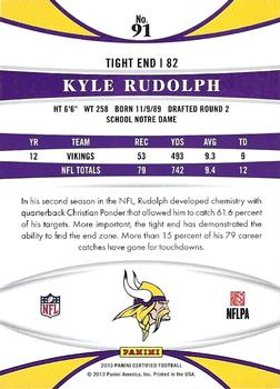 2013 Panini Certified - Platinum Red #91 Kyle Rudolph Back