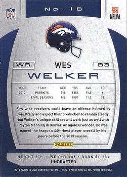 2013 Panini Totally Certified #16 Wes Welker Back