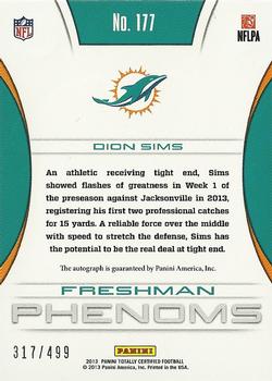 2013 Panini Totally Certified #177 Dion Sims Back