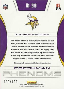 2013 Panini Totally Certified #209 Xavier Rhodes Back