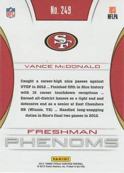 2013 Panini Totally Certified #249 Vance McDonald Back