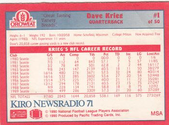 1990 Pacific Oroweat Seattle Seahawks #1 Dave Krieg Back