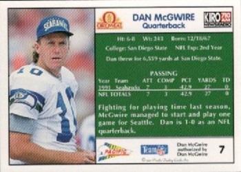1992 Pacific Oroweat Seattle Seahawks #7 Dan McGwire Back