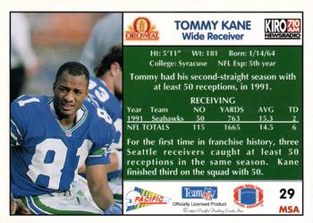 1992 Pacific Oroweat Seattle Seahawks #29 Tommy Kane Back
