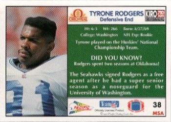 1992 Pacific Oroweat Seattle Seahawks #38 Tyrone Rodgers Back