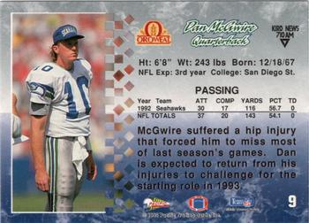 1993 Pacific Oroweat Seattle Seahawks #9 Dan McGwire Back
