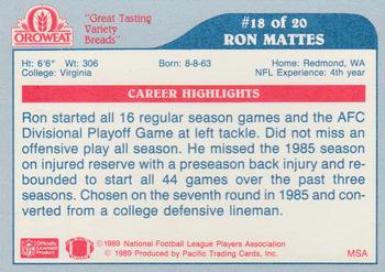 1989 Pacific Oroweat Seattle Seahawks #18 Ron Mattes Back