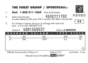1996 Sportscall Phone Cards #58 Rashaan Salaam Back