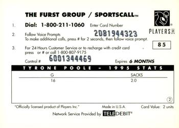 1996 Sportscall Phone Cards #85 Tyrone Poole Back