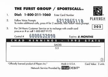 1996 Sportscall Phone Cards #205 Chad Hennings Back