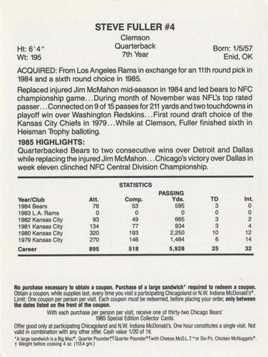 1985 McDonald's Chicago Bears #NNO Steve Fuller Back
