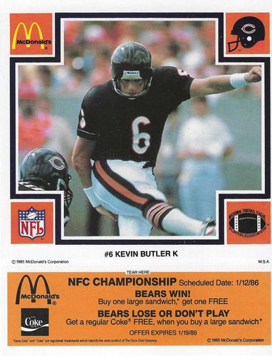 1985 McDonald's Chicago Bears #NNO Kevin Butler Front