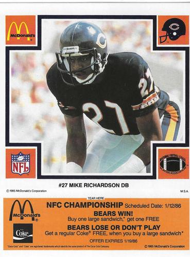 1985 McDonald's Chicago Bears #NNO Mike Richardson Front