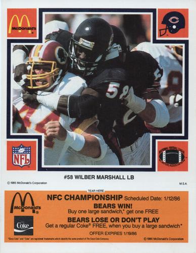 1985 McDonald's Chicago Bears #NNO Wilber Marshall Front