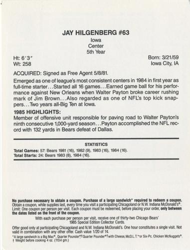 1985 McDonald's Chicago Bears #NNO Jay Hilgenberg Back