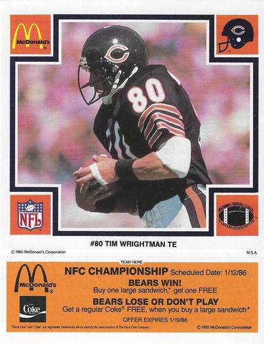 1985 McDonald's Chicago Bears #NNO Tim Wrightman Front