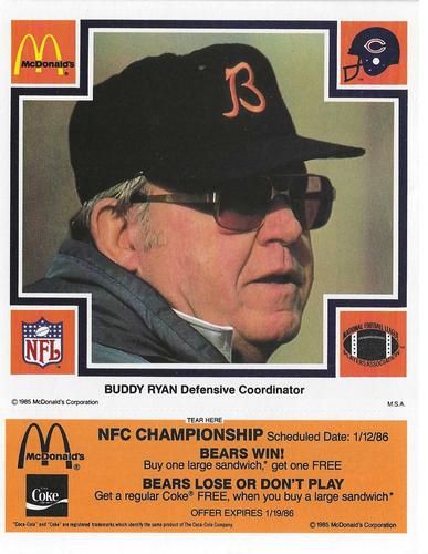 1985 McDonald's Chicago Bears #NNO Buddy Ryan Front