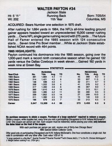1985 McDonald's Chicago Bears - Blue Tab #NNO Walter Payton Back