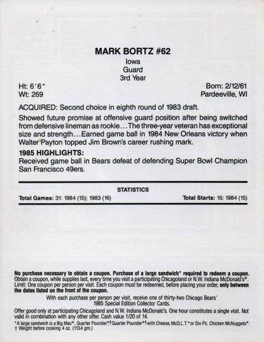 1985 McDonald's Chicago Bears - Blue Tab #NNO Mark Bortz Back