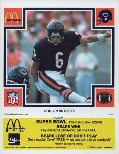 1985 McDonald's Chicago Bears - Yellow Tab #NNO Kevin Butler Front
