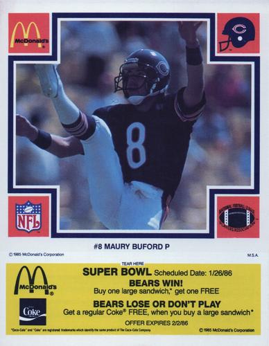 1985 McDonald's Chicago Bears - Yellow Tab #NNO Maury Buford Front