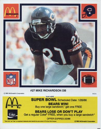 1985 McDonald's Chicago Bears - Yellow Tab #NNO Mike Richardson Front